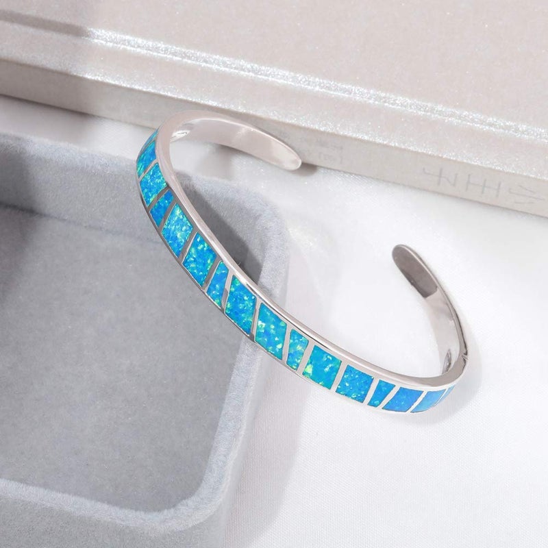 CiNily Womens Large Cuff Bracelet-Blue Opal Bangle Bracelets White Gold Plated Hypoallergenic Ladies Gemstone Big Birthstone Bracelet - Image 3